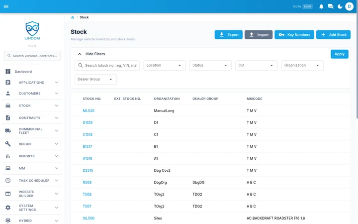 Lindom stock list with filters for location, status and organisation